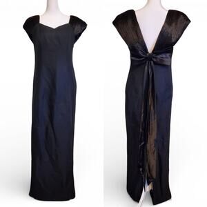 Vintage 70s 80s Black Goth Bow Back Maxi Dress Gown Prom Dress